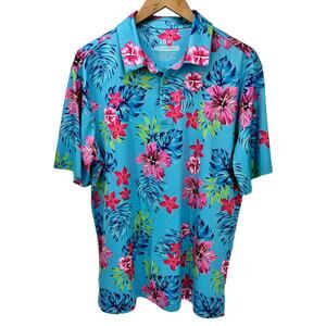 LRD Polo Shirt Mens Large Performance Tropical Hawaiian Blue Pink Floral Coastal